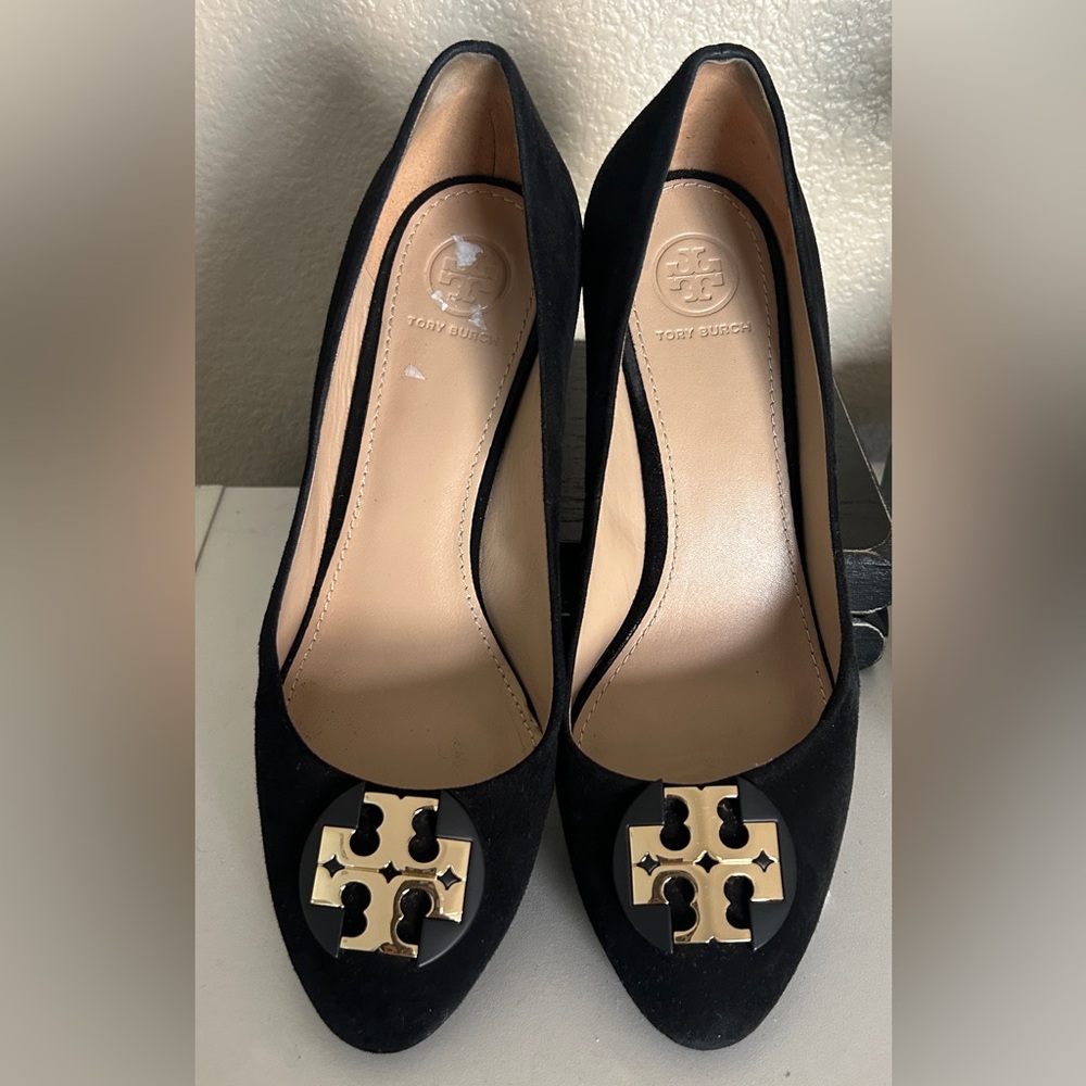 Tory Burch Luna Black suede wedges with Gold medallion size 8